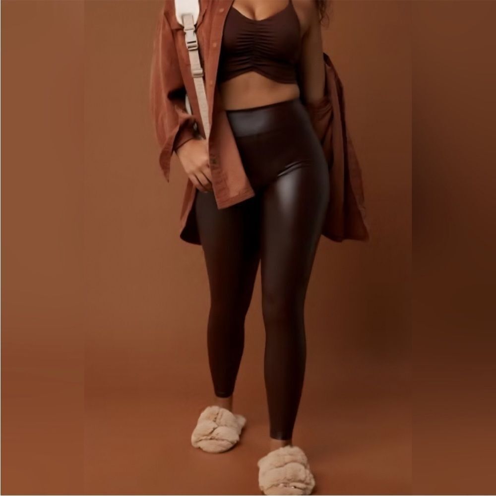 Offline By Aerie Brown Real Good High Rise Faux Leather Leggings Size Large